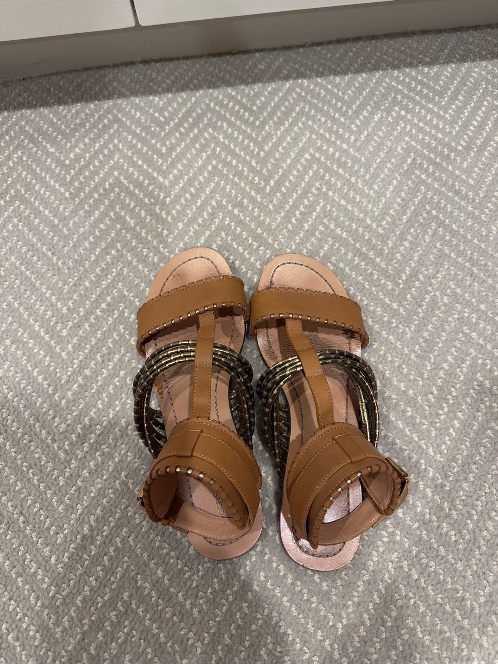 Sigerson Morrison Tan Leather Beaded T-Strap Sandals